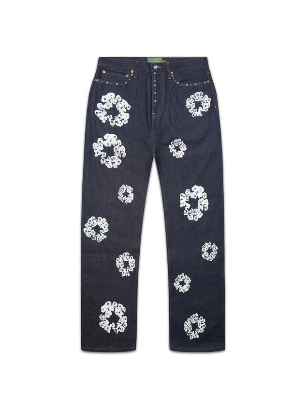 Baggy Studded Cotton Wreath Denim Pant Selvedge