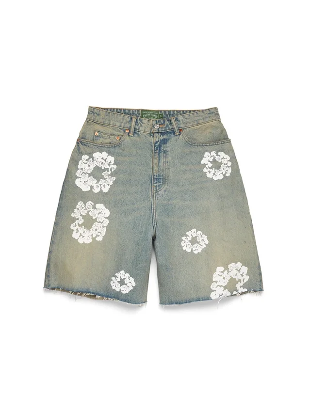 Dirty Wash Cotton Wreath Denim Short