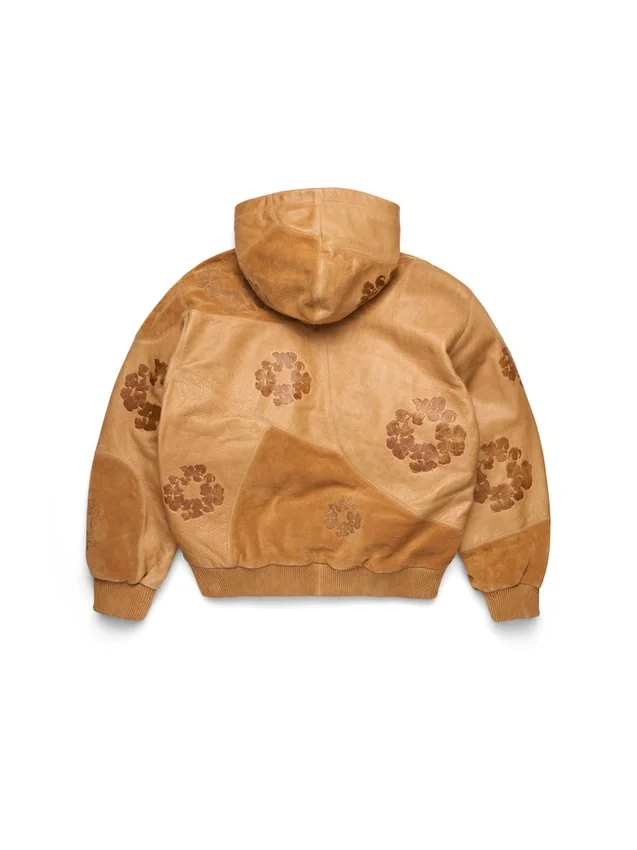 Patchwork Leather/Suede Cotton Wreath Hoodie Brown
